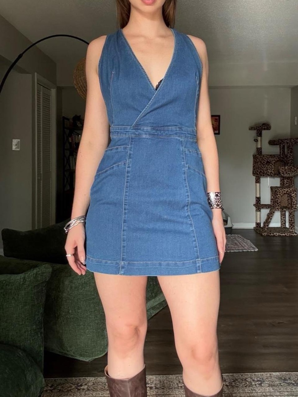Free People Blue Denim Wrap V-Neck Mini Dress
